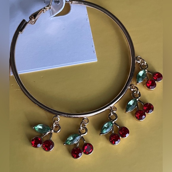 Cherry Earrings, nOir Gold Hoop Earrings with Red and Green Cherry Charms - Picture 6 of 7